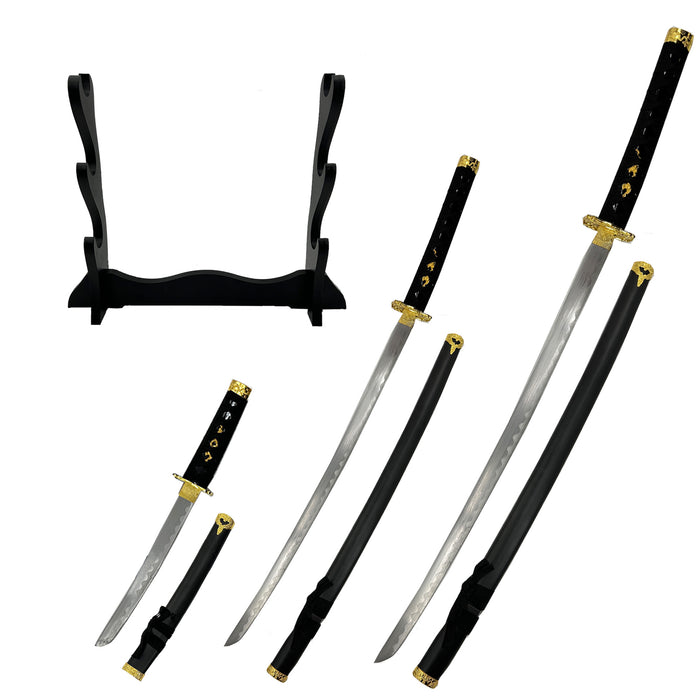 Black Dragon Three Piece Katana Sword Set with Desktop Stand