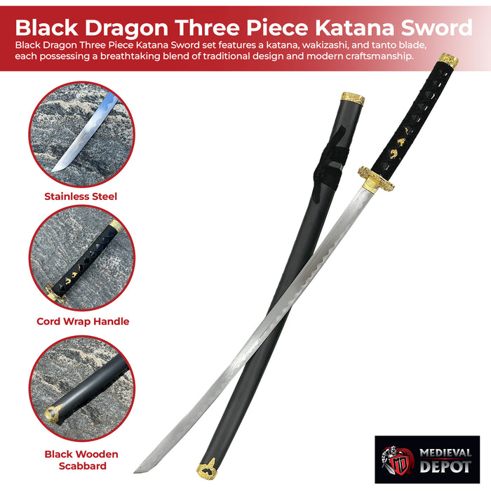 Black Dragon Three Piece Katana Sword Set with Desktop Stand