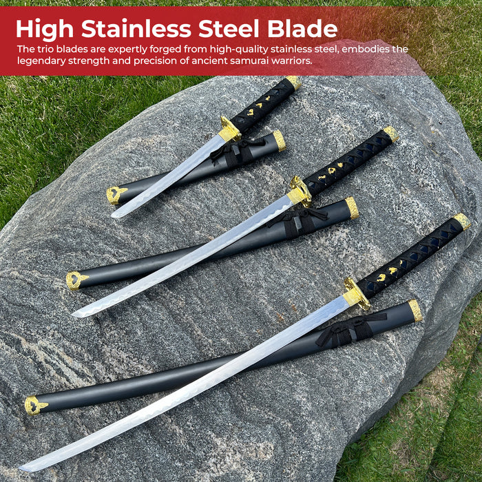 Black Dragon Three Piece Katana Sword Set with Desktop Stand