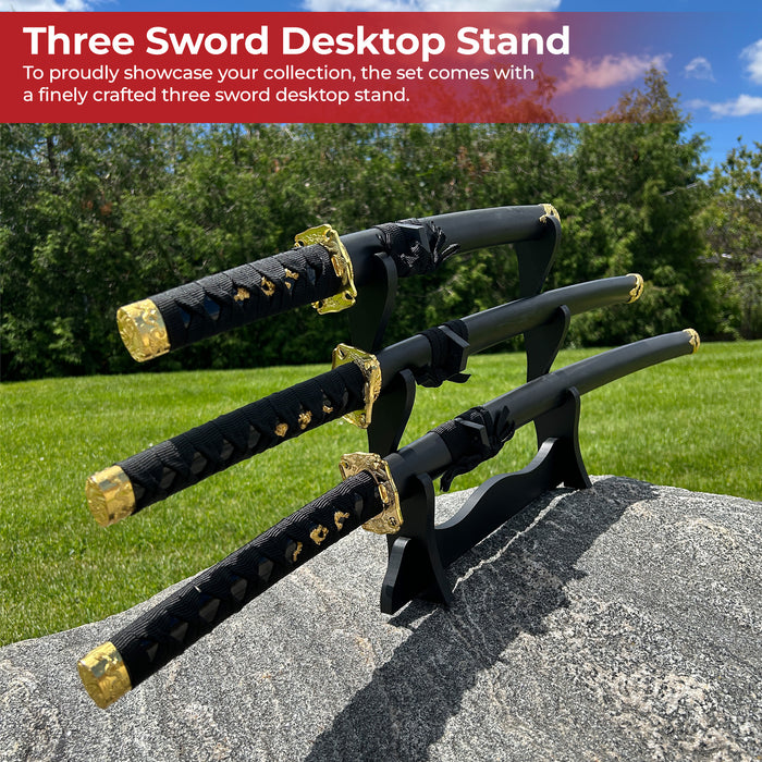 Black Dragon Three Piece Katana Sword Set with Desktop Stand