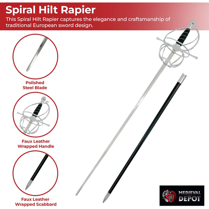 Elegant Renaissance Rapier with Black Swept Hilt and Spiral Guard