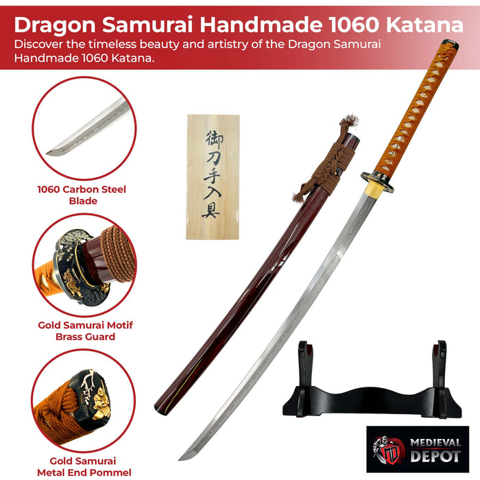 Dragon Samurai Handmade 1060 Katana in Traditional Brown