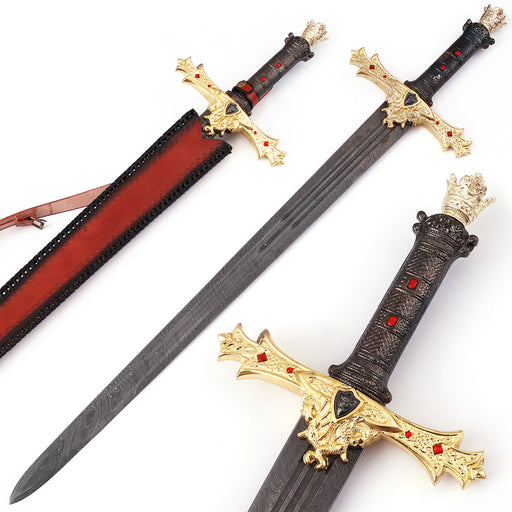 King Arthur Excalibur Gold Damascus Steel Sword