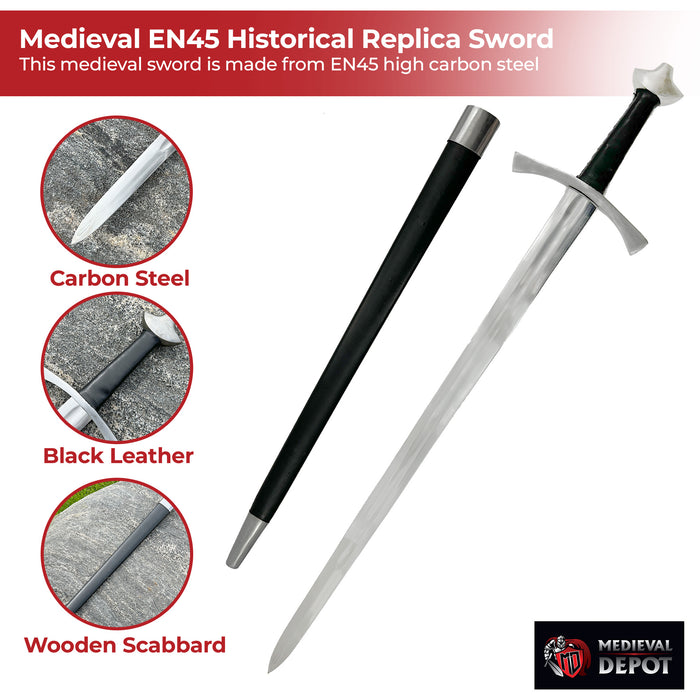 Medieval EN45 High Carbon Steel Full Tang Historical Knightly Replica Sword