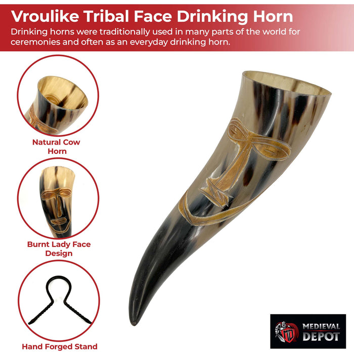 Vroulike Tribal Face Drinking Horn with Hand Forged Rack