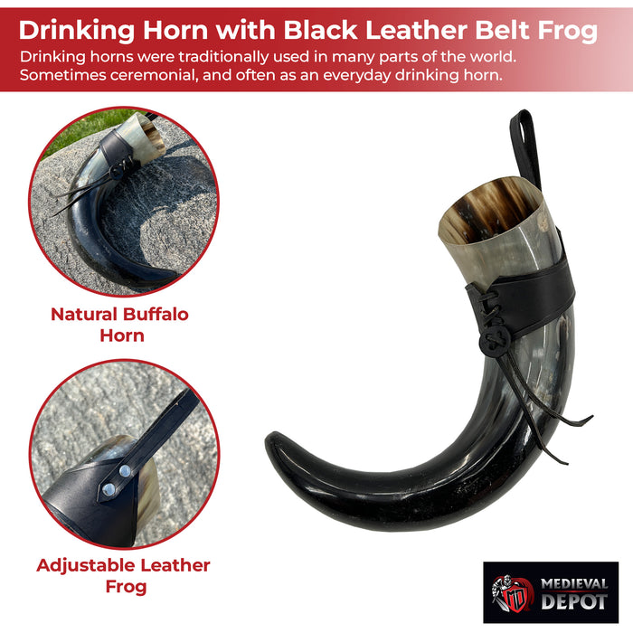 XL Drinking Horn with Black Leather Belt Frog